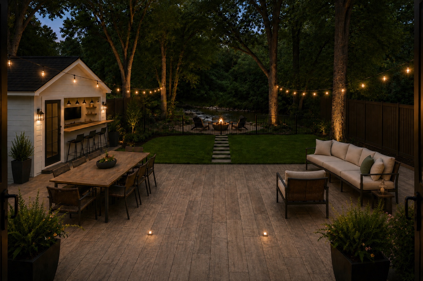 Evening view of the finished creekfront deck, outdoor bar cabana, and fire pit by the creek